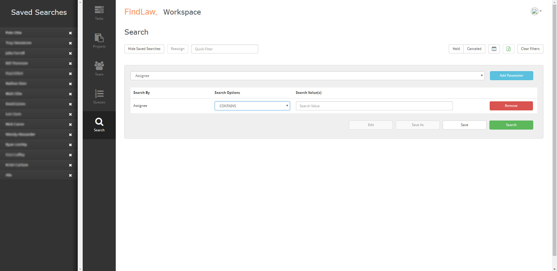Screenshot of Search Page for Process Management Application