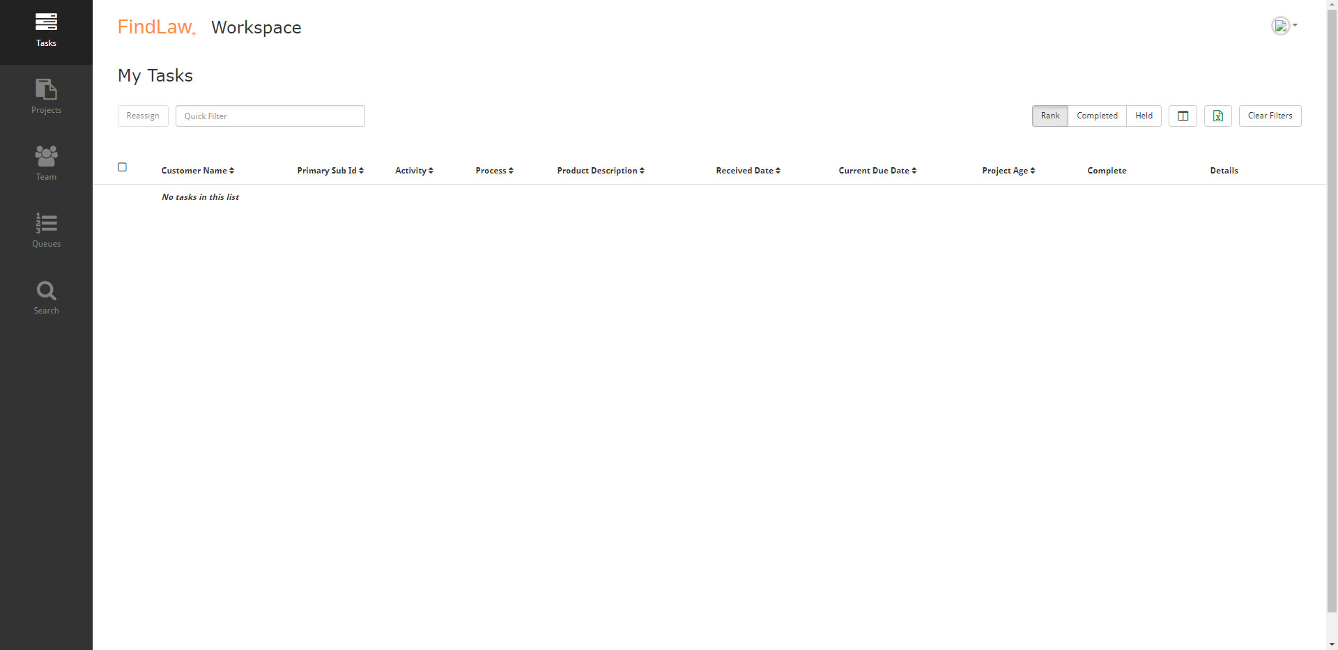 Screenshot of Empty Tasks Page Process Management Application